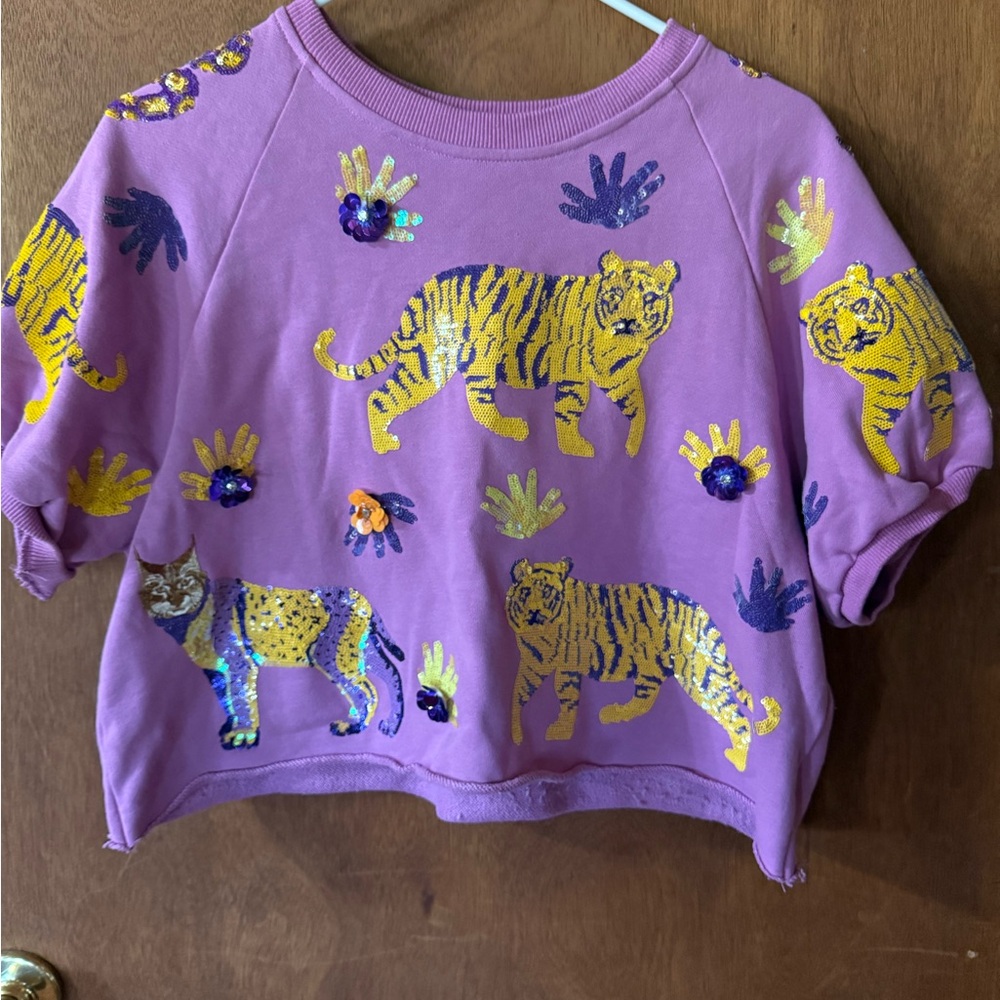 QUEEN OF SPARKLES Purple Sequin Tiger shirt and Shorts